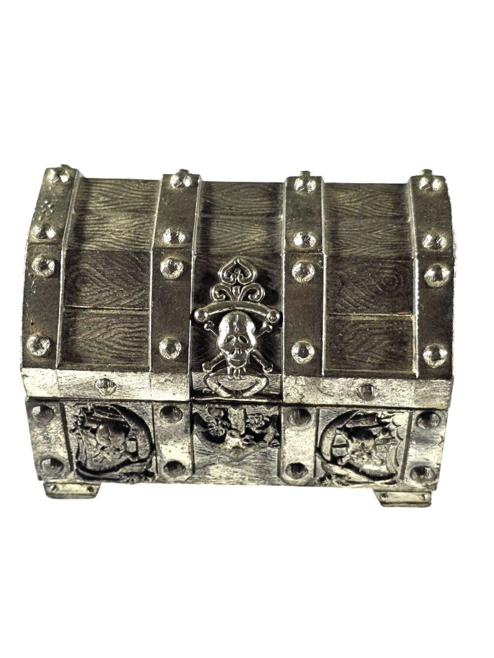 Silver tone Treasure Chest Trinket Box Red Velvet Interior Skull Design Japan